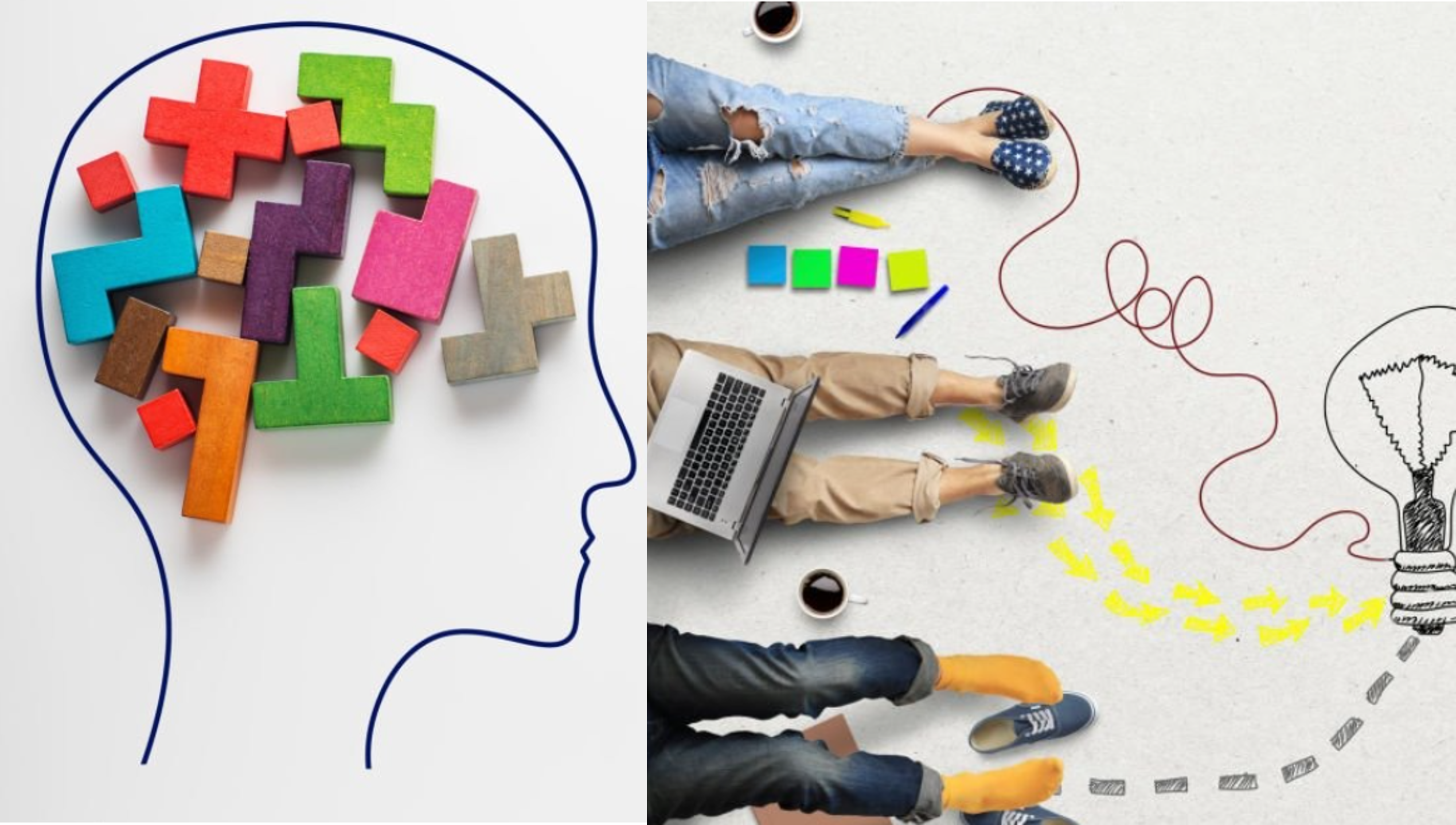 Imagem de uma cabeça pensante e pernas de estudantes com ideias