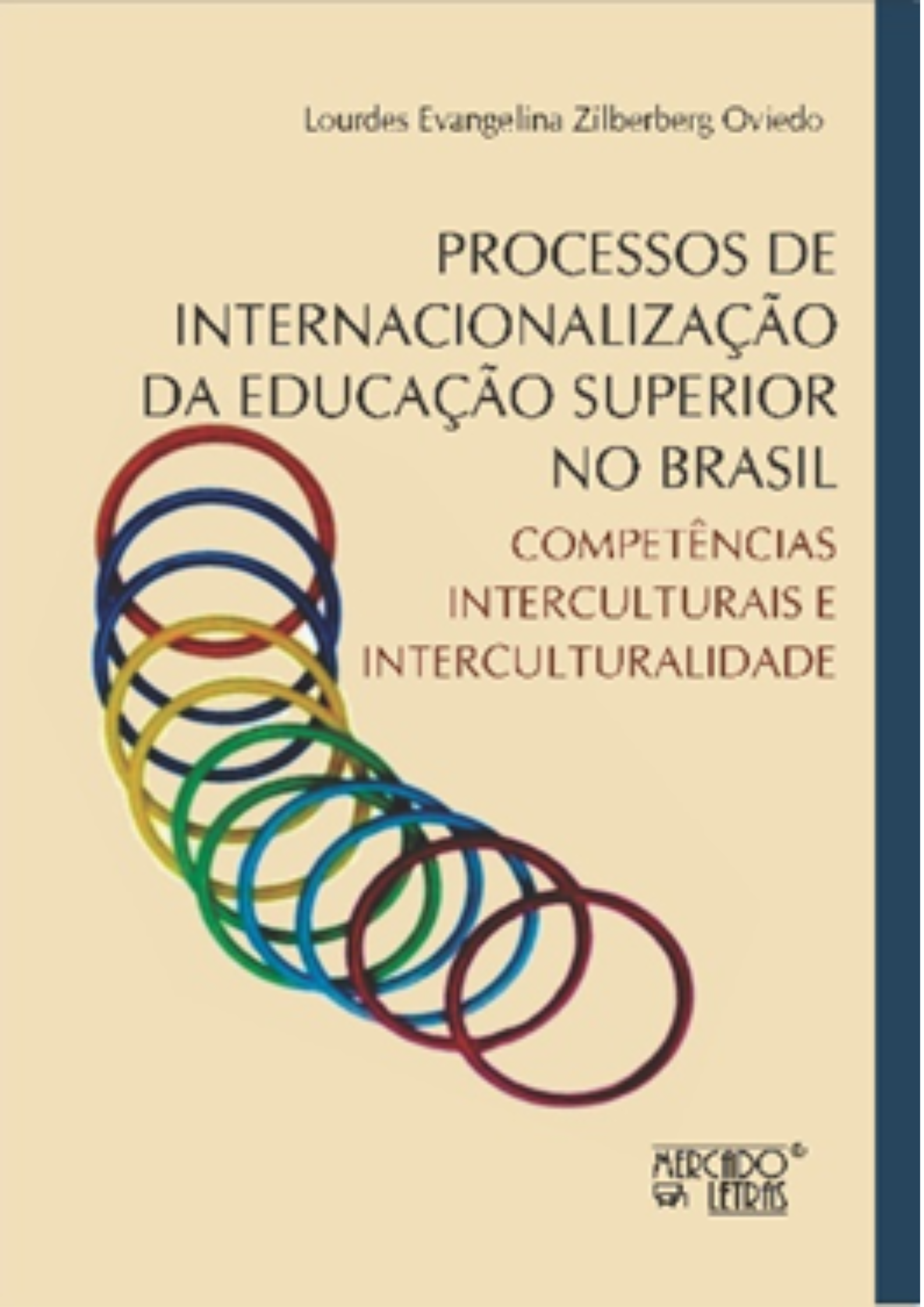 Capa do livro de Lourdes Evangelista sobre processos de internaciolização da educação superior no Brasil,  da editora Mercado das Letras, tendo um desenho de vários círculos coloridos